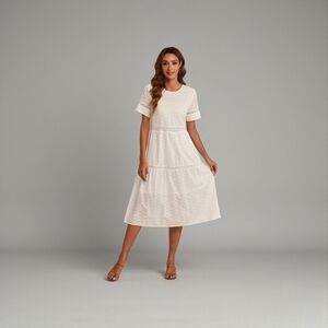 NEW White Hollow Short Sleeve Round Neck Cotton Maxi Dress